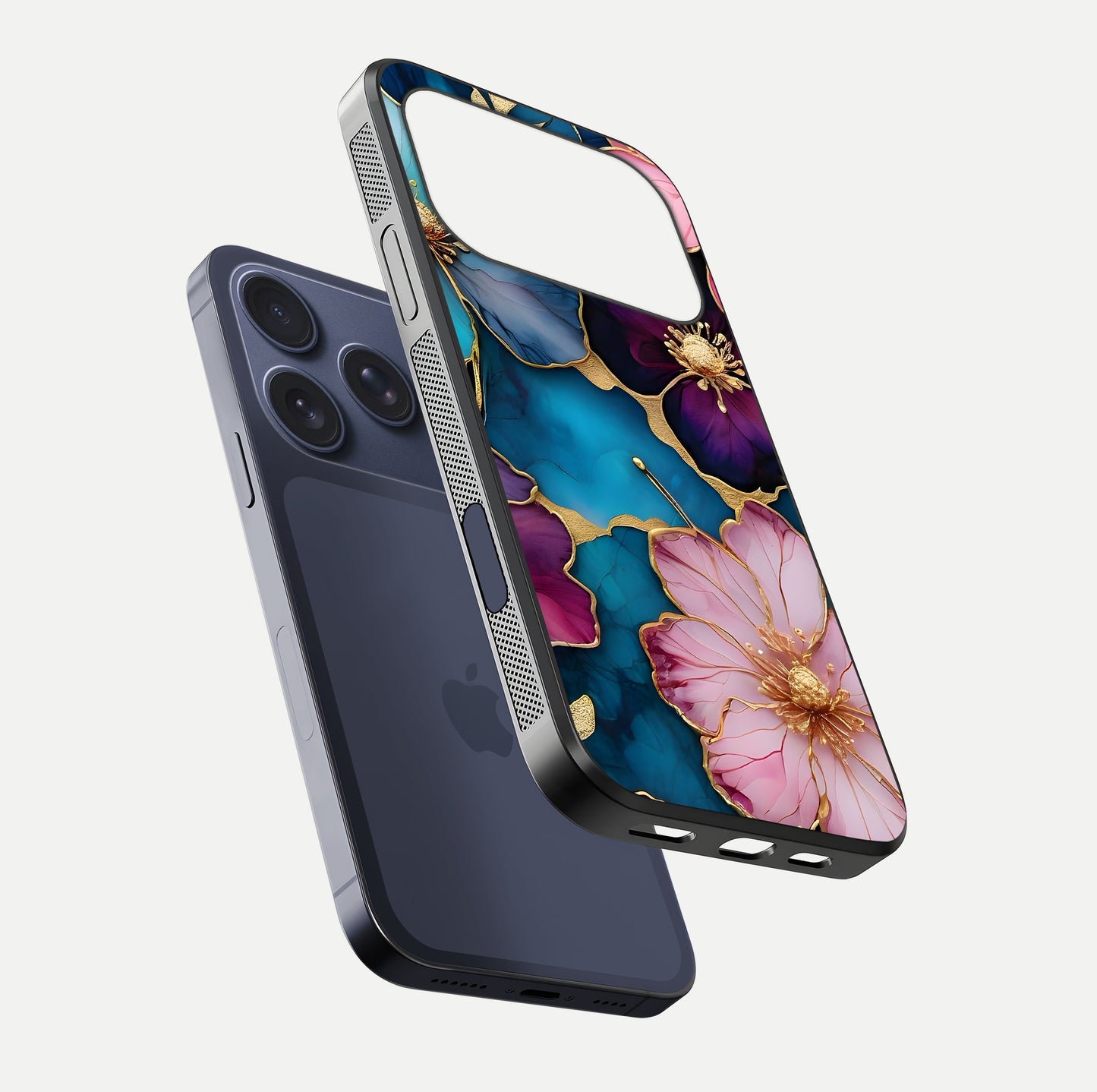 Sparkle Floral Glass Case for iPhone 16 Pro floating dual-view mockup displaying gloss surface and sparkle effect