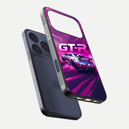 Speed Drift Legend Glass Case for iPhone 17 Pro floating dual-view mockup displaying gloss shine and motion effect