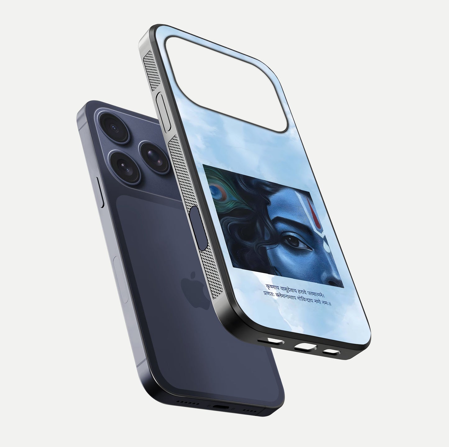 Spiritual Krishna Glass Case for iPhone 17 Pro floating dual-view mockup displaying gloss shine and divine detail