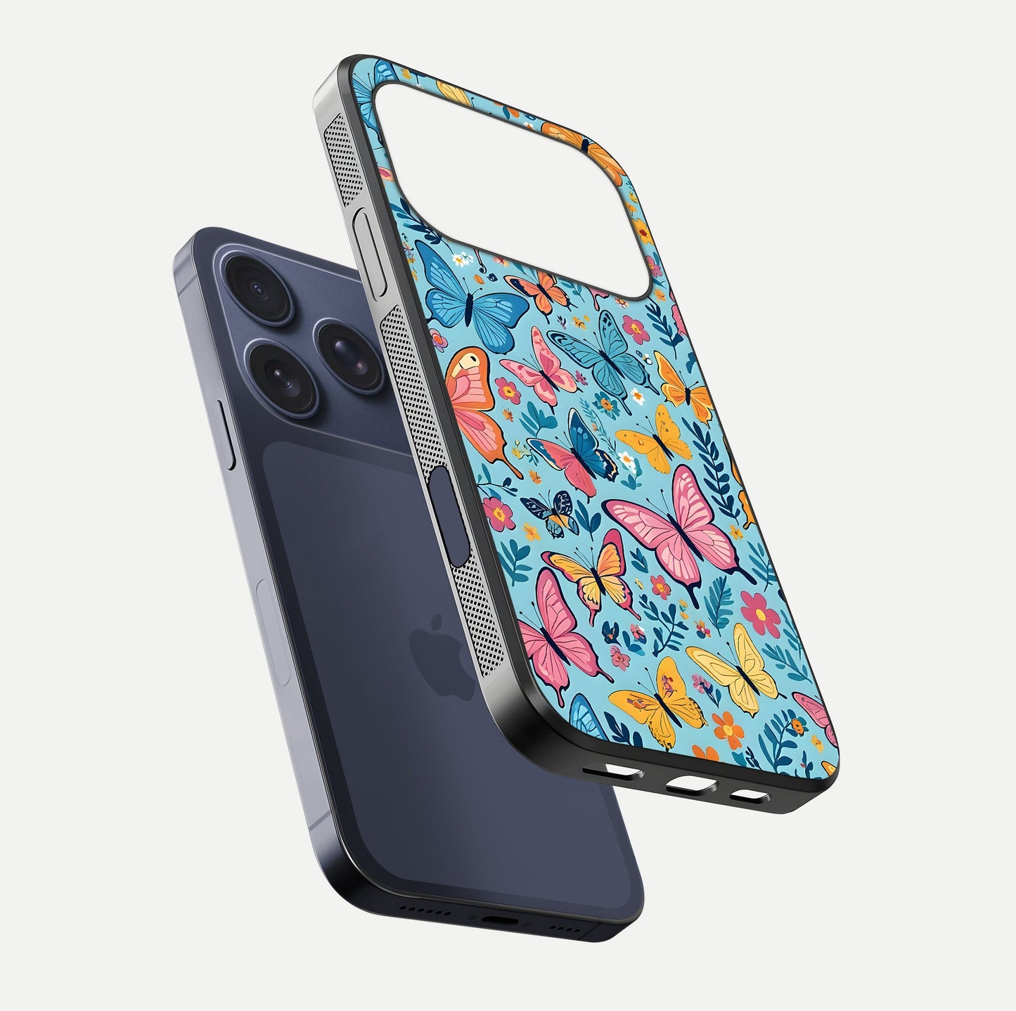 Spring Wing Garden Glass Case for iPhone 16 Pro floating dual-view mockup showing gloss texture and vivid print