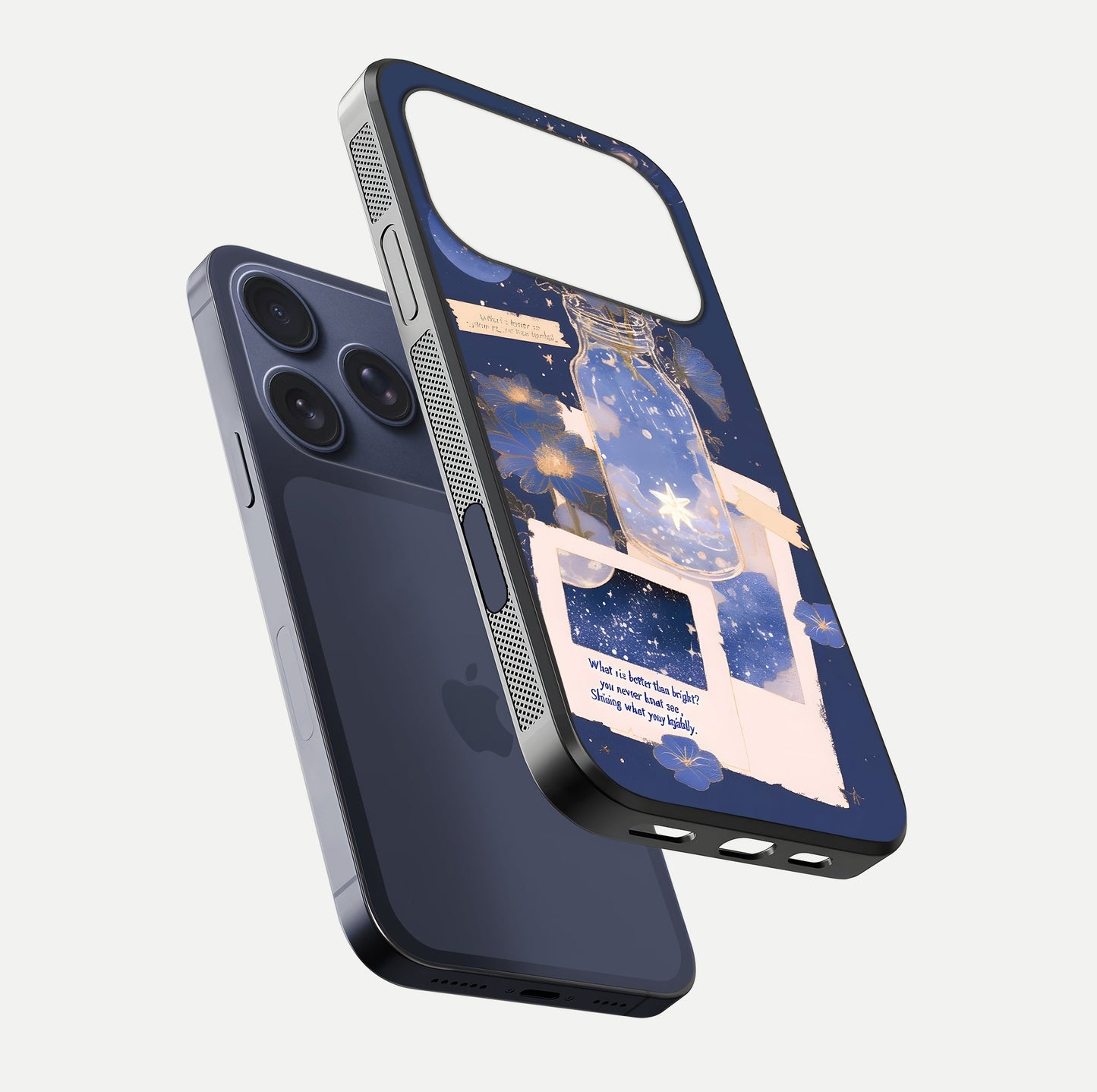 Starlit Cosmic Jar Glass Case for iPhone 17 Pro floating dual-view mockup displaying gloss and starry depth
