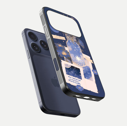 Starlit Cosmic Jar Glass Case for iPhone 17 Pro floating dual-view mockup displaying gloss and starry depth