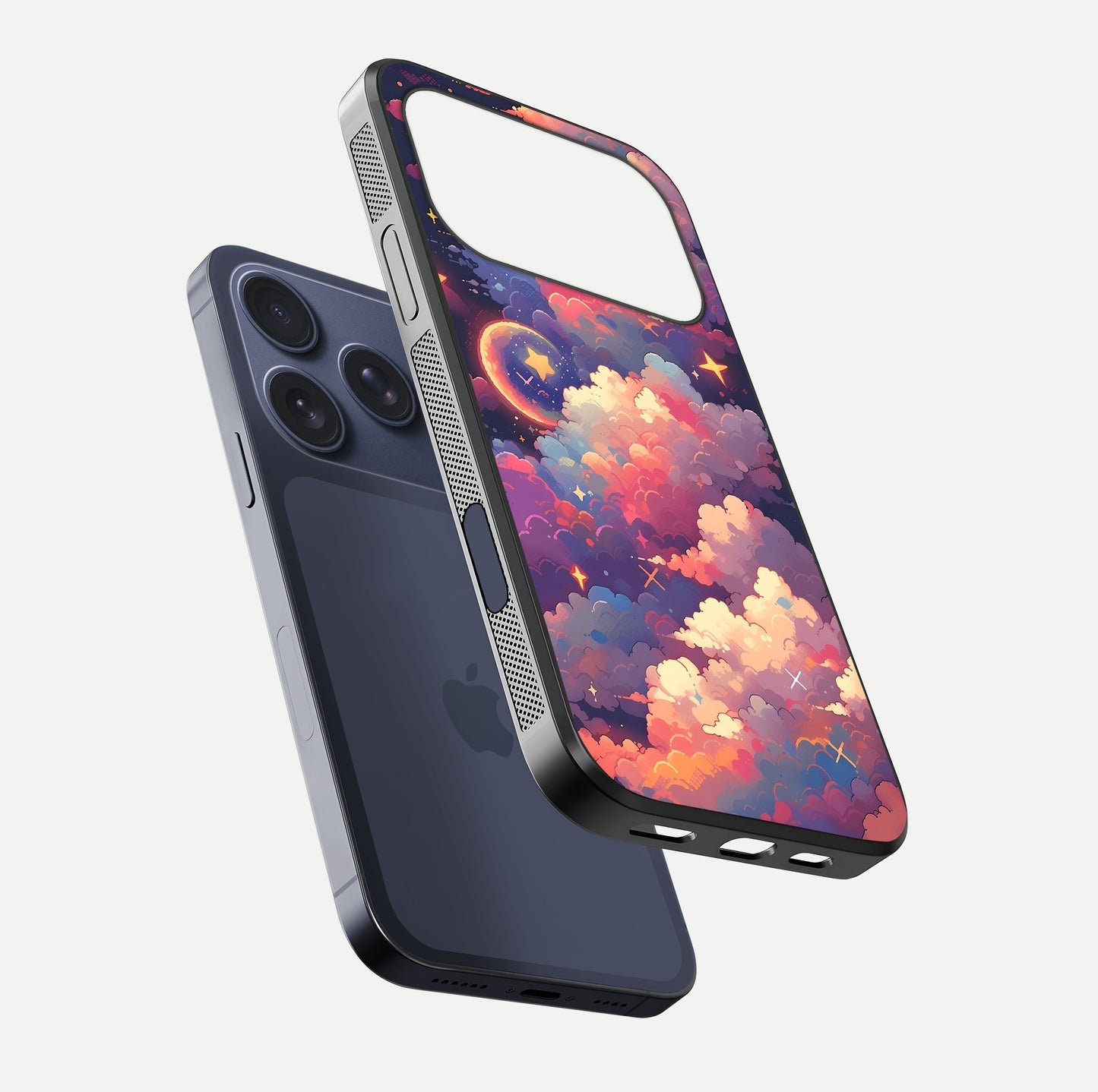 Starlit Dream Clouds Glass Case for iPhone 17 Pro floating dual-view mockup displaying gloss and soft light detail