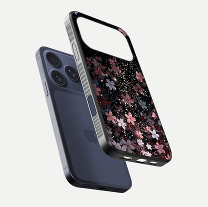 Starlit Flower Dreams Glass Case for iPhone 17 Pro floating dual-view mockup displaying gloss and print clarity