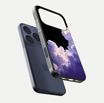 Starlit Night Whispers Glass Case for iPhone 17 Pro floating dual-view mockup displaying gloss surface and depth