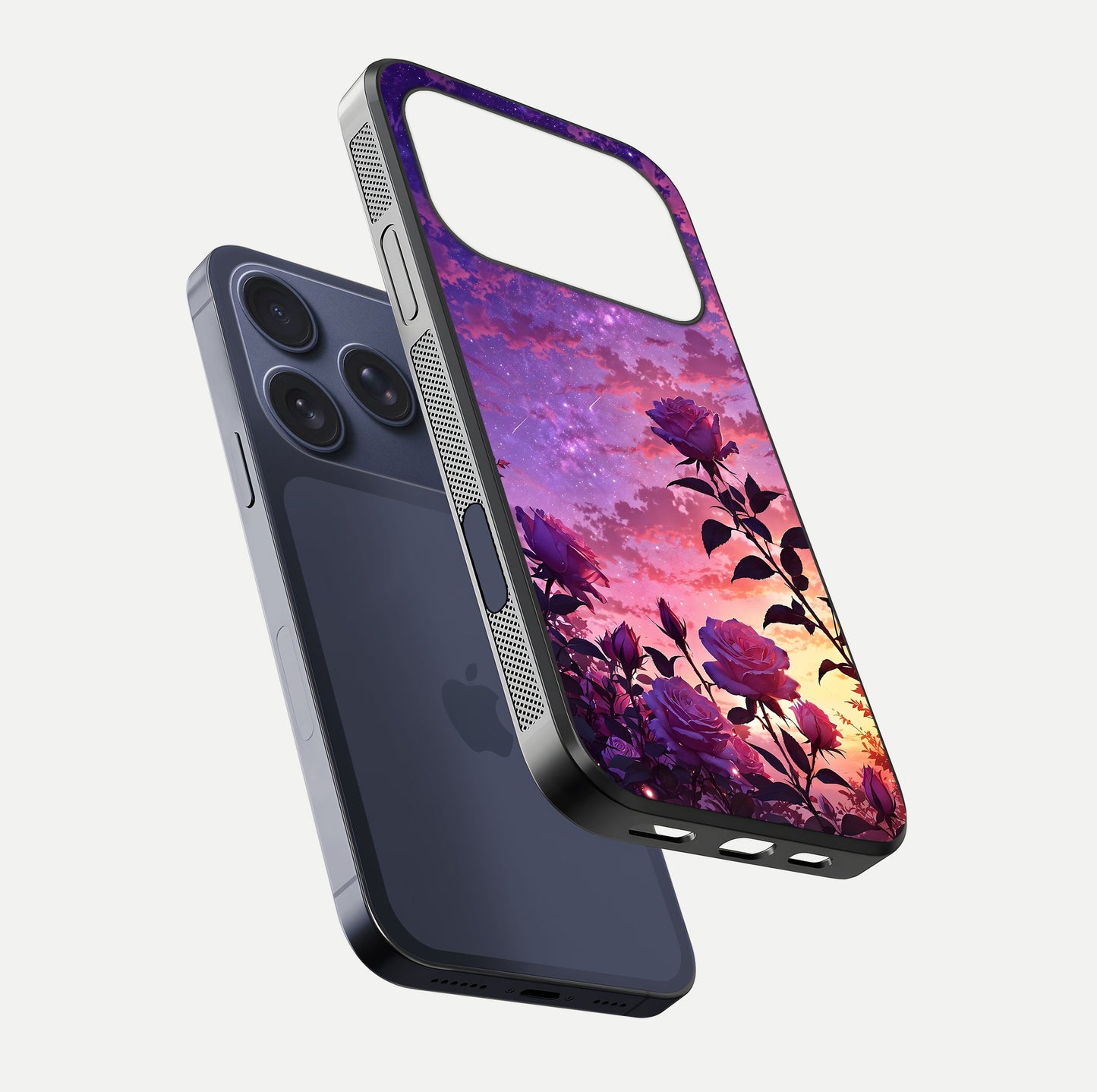 Starlit Rose Twilight Glass Case for iPhone 17 Pro floating dual-view mockup displaying gloss shine and depth
