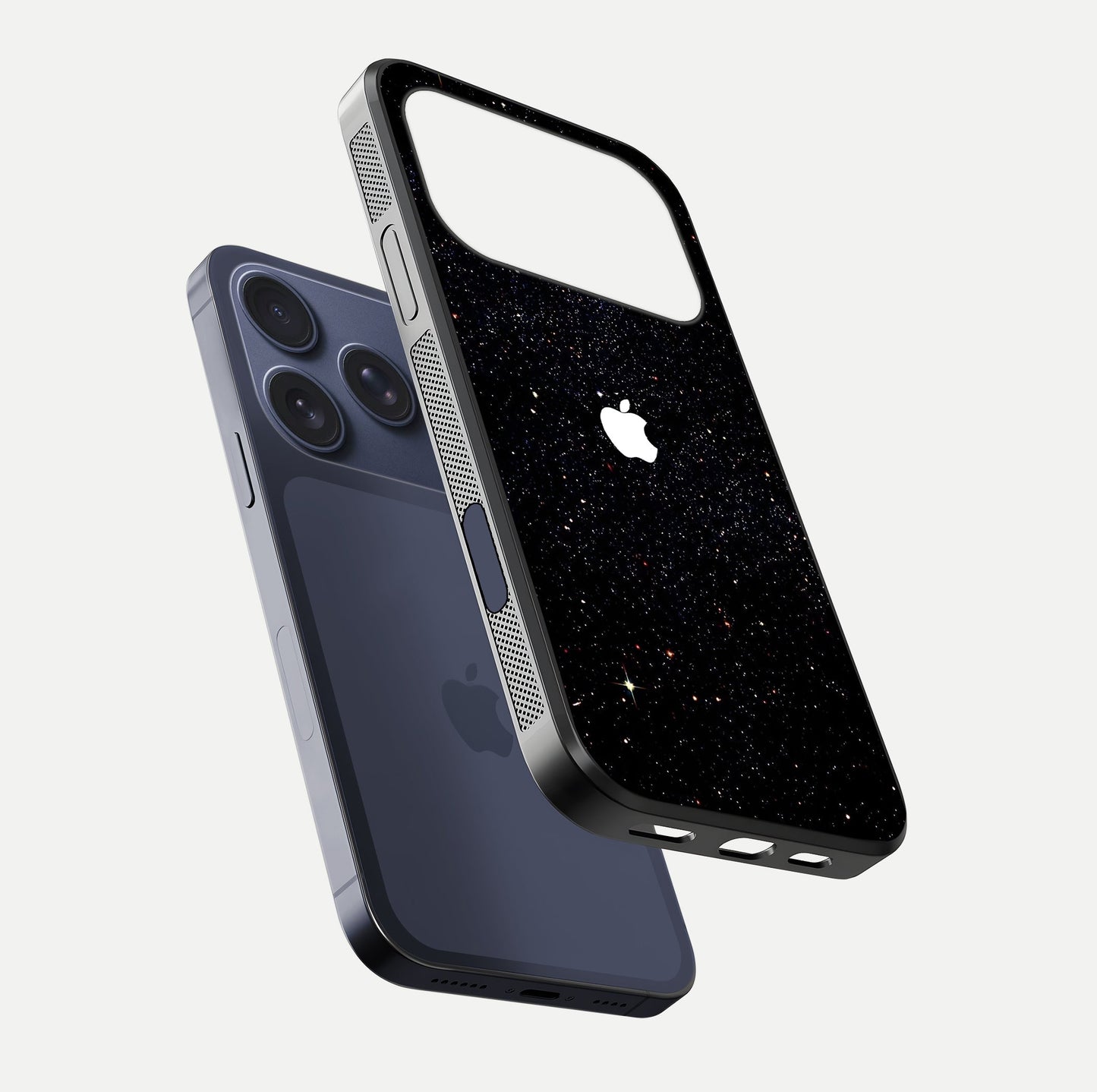 Starry Apple Galaxy Glass Case for iPhone 17 Pro floating dual-view mockup displaying reflection and shine