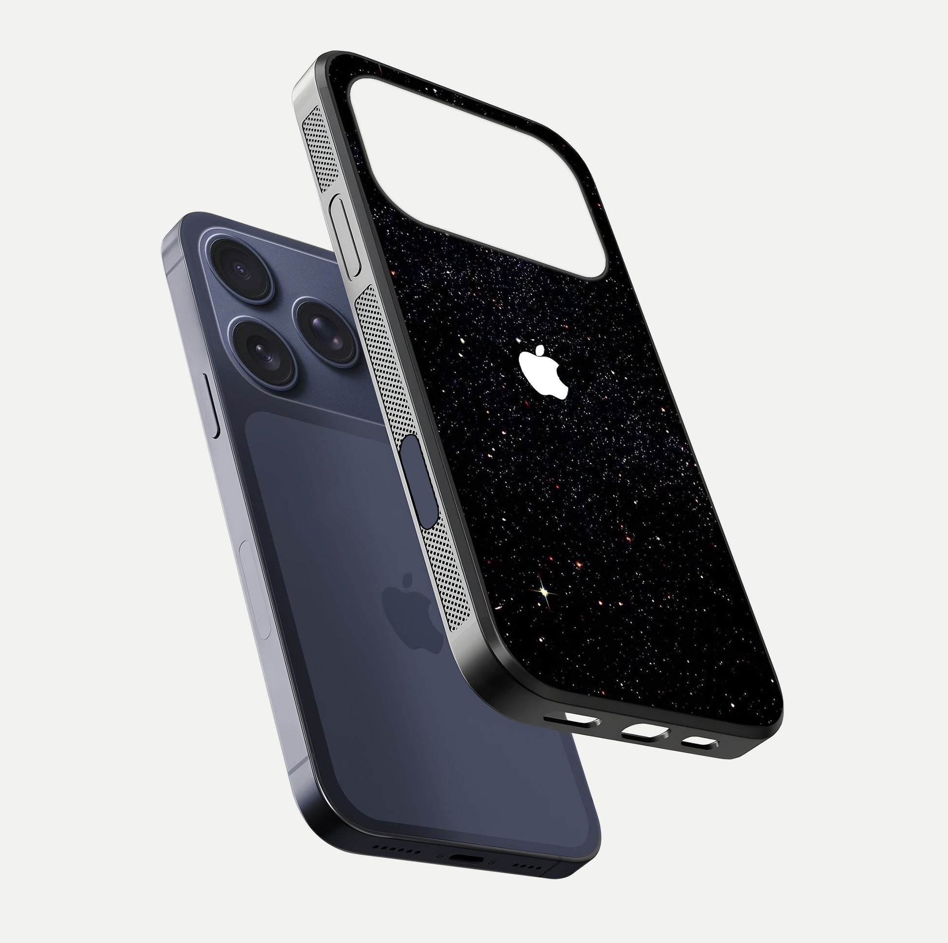 Starry Apple Galaxy Glass Case for iPhone 17 Pro floating dual-view mockup displaying reflection and shine