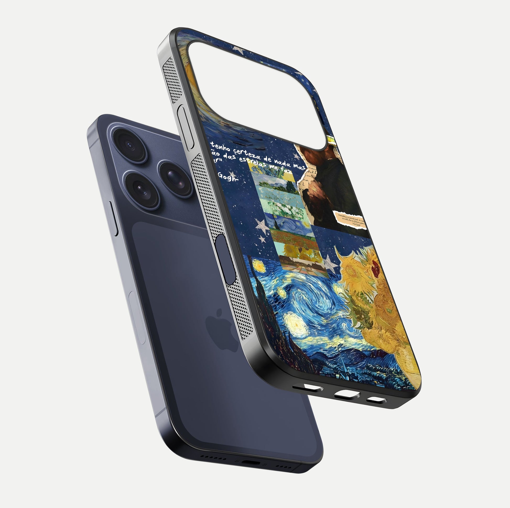Starry Dream Vision Glass Case for iPhone 17 Pro floating dual-view mockup displaying gloss surface and clarity