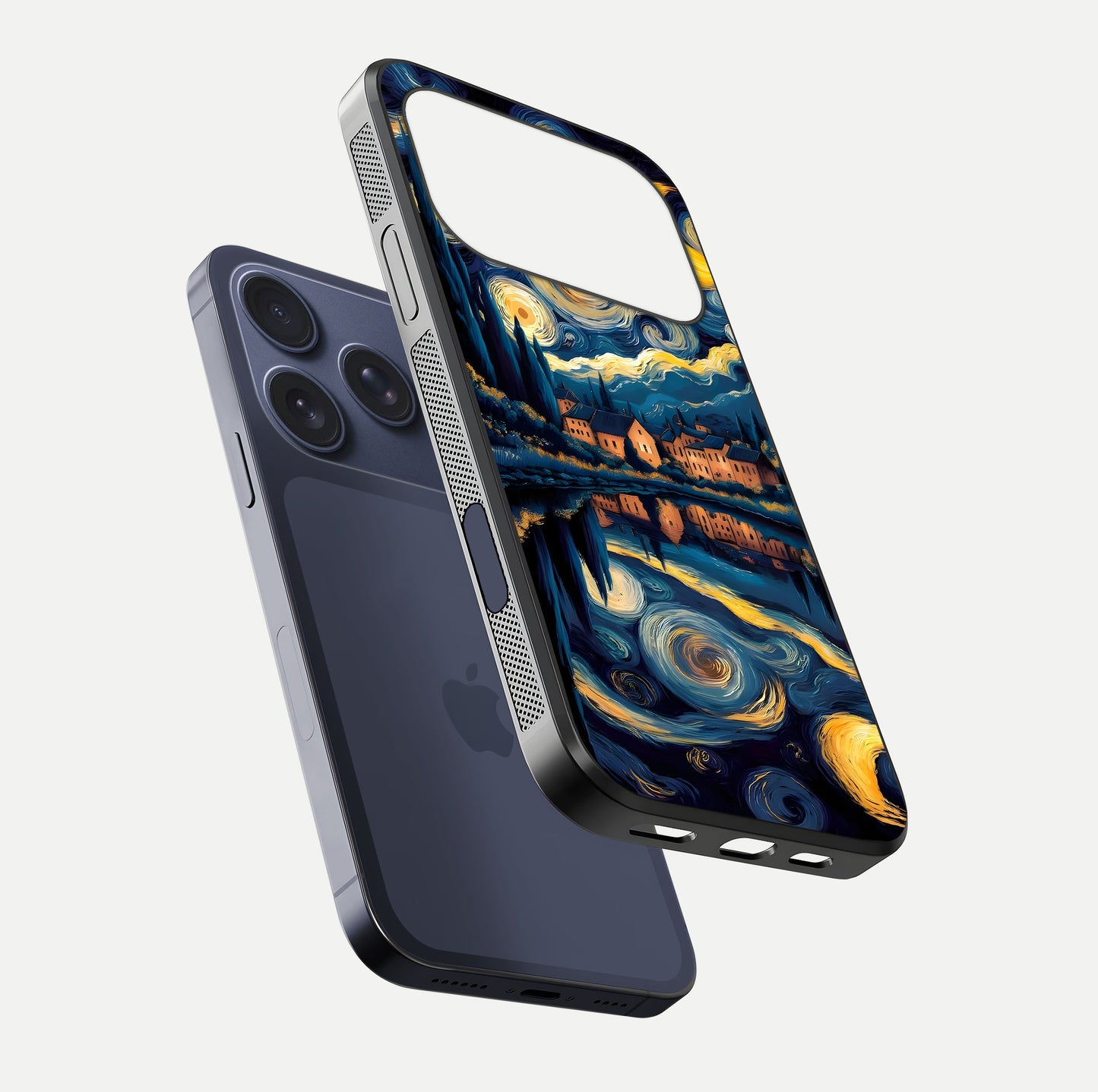 Starry Sky Serenity Glass Case for iPhone 17 Pro floating dual-view mockup displaying gloss texture and shine