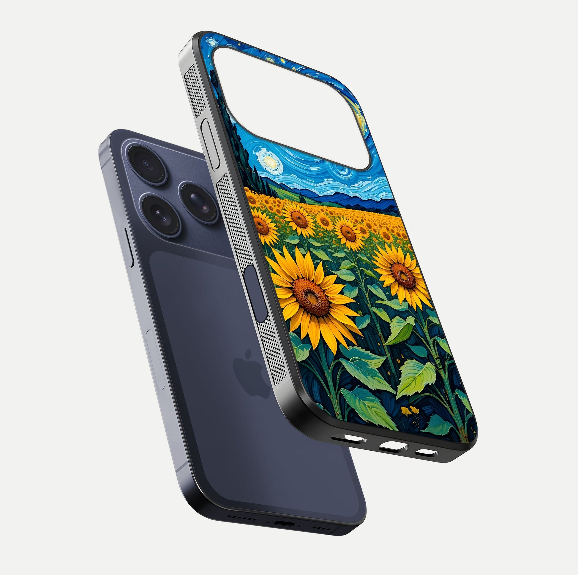 Starry Sunflower Dreams Glass Case for iPhone 16 Pro floating dual-view mockup displaying gloss and vivid print