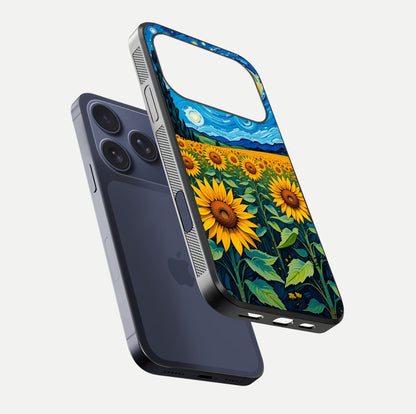 Starry Sunflower Dreams Glass Case for iPhone 16 Pro floating dual-view mockup displaying gloss and vivid print