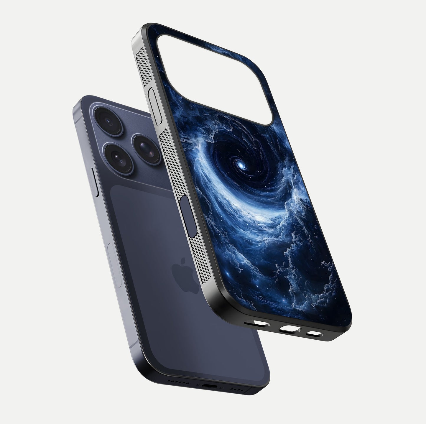 Stunning Galaxy Glass Case for iPhone 17 Pro floating dual-view mockup displaying gloss shine and vivid print depth