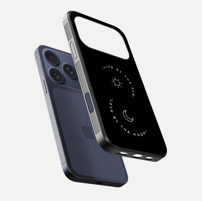 Sun Moon Balance Glass Case for iPhone 17 Pro floating dual-view mockup displaying gloss surface and edge clarity