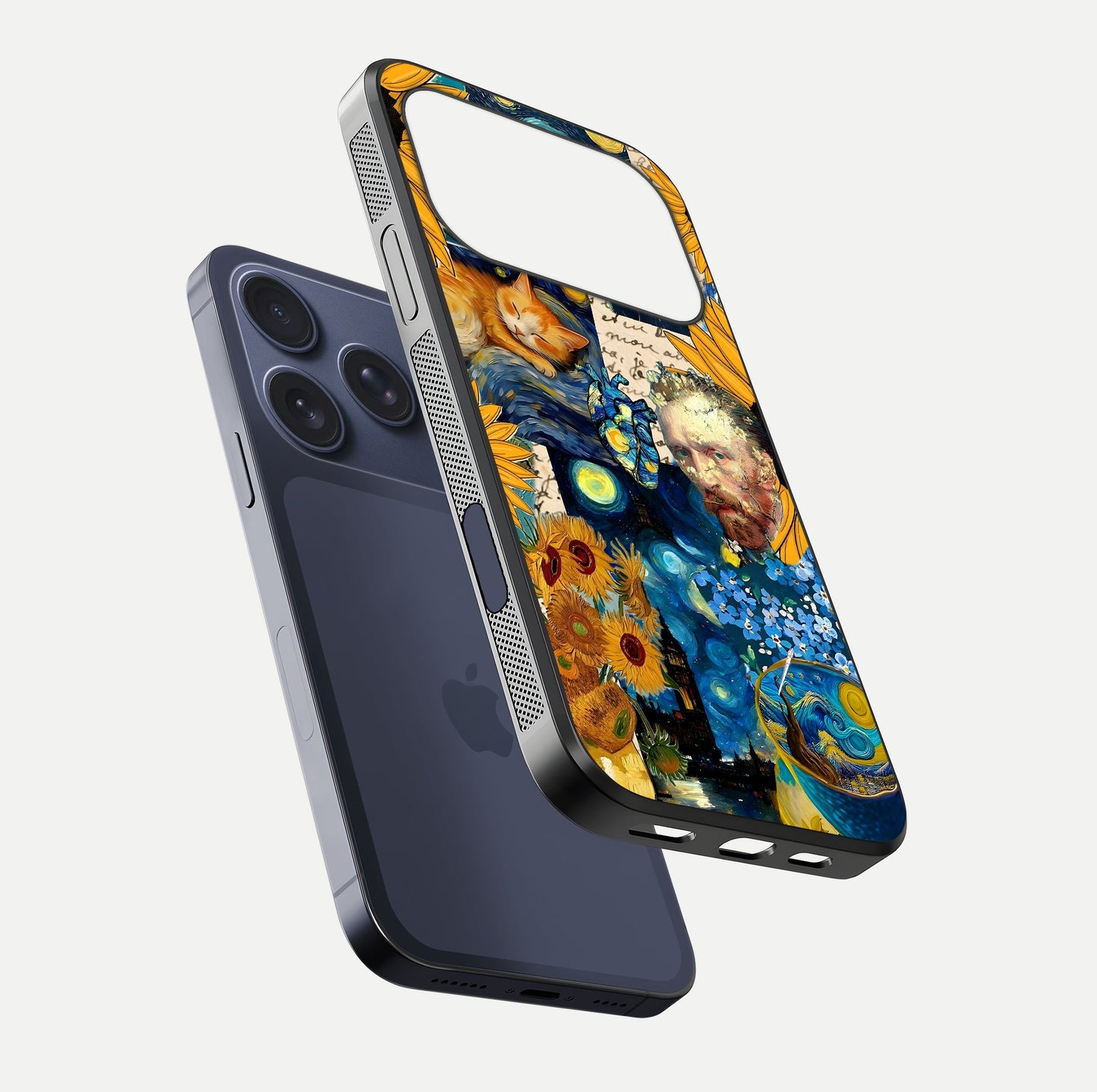 Sunflower Cat Art Glass Case for iPhone 17 Pro floating dual-view mockup displaying gloss shine and HD art print