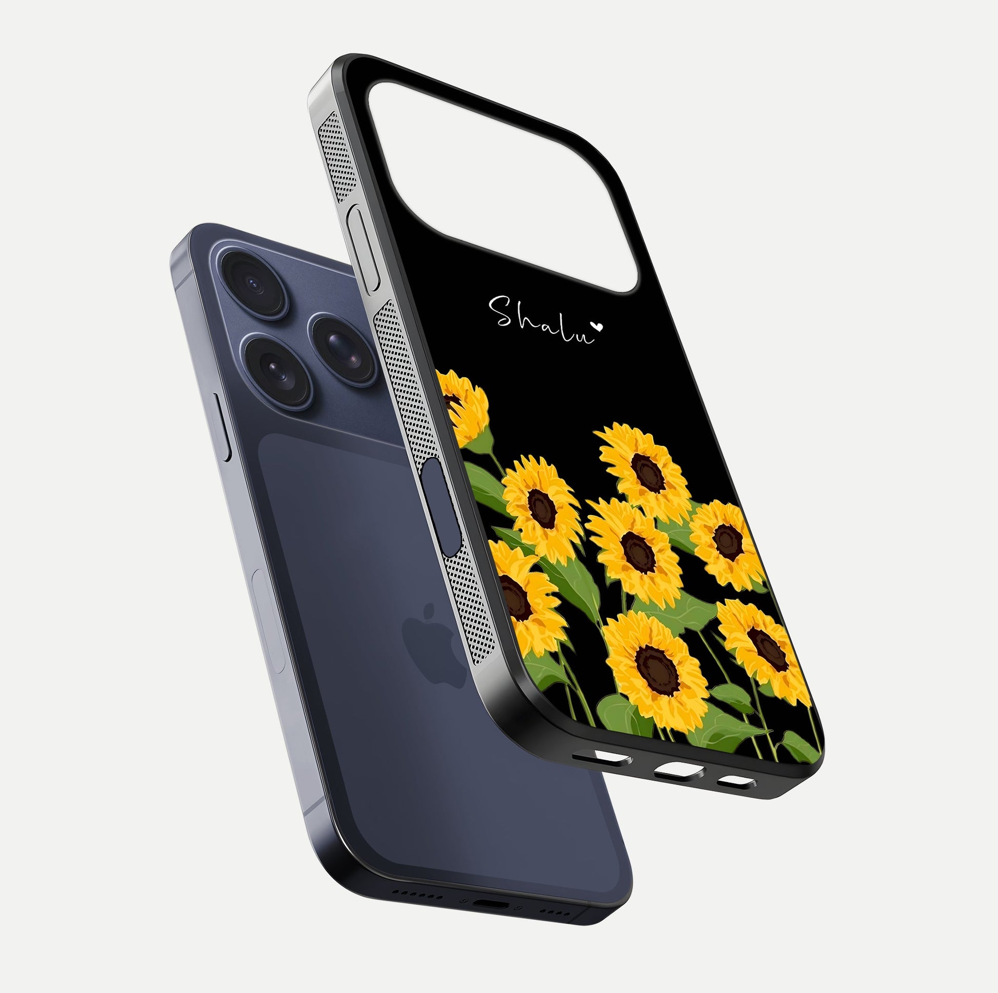 Sunflower Chic Mood Custom Name Glass Case for iPhone 17 Pro floating dual-view mockup displaying gloss texture and detail