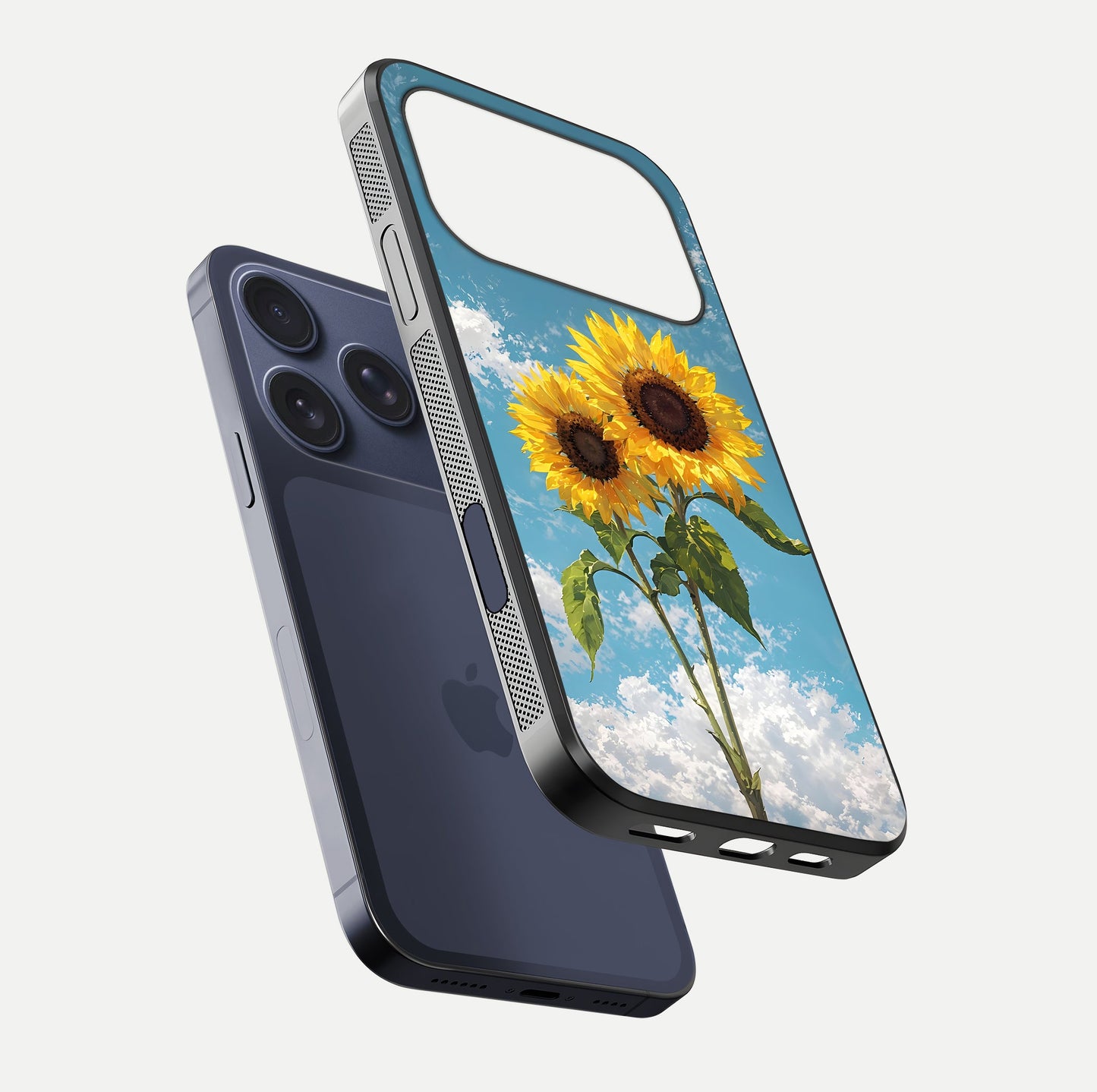 Sunflower Sky Bloom Glass Case for iPhone 17 Pro floating dual-view mockup displaying gloss shine and vibrant texture