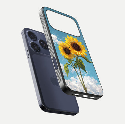 Sunflower Sky Bloom Glass Case for iPhone 17 Pro floating dual-view mockup displaying gloss shine and vibrant texture