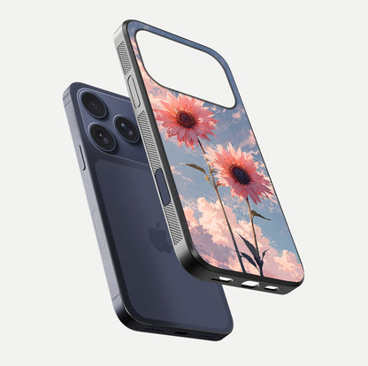 Sunlit Daisy Glow Glass Case for iPhone 17 Pro floating dual-view mockup displaying gloss finish and HD print