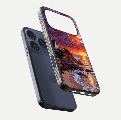 Sunset House by Sea Glass Case for iPhone 17 Pro floating dual-view mockup displaying gloss shine and depth