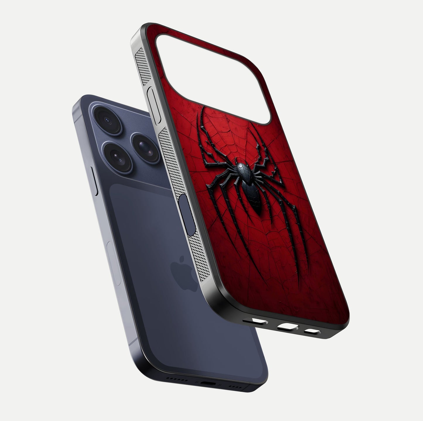 Venom Web Emblem Glass Case for iPhone 17 Pro floating dual-view mockup displaying gloss shine and HD print