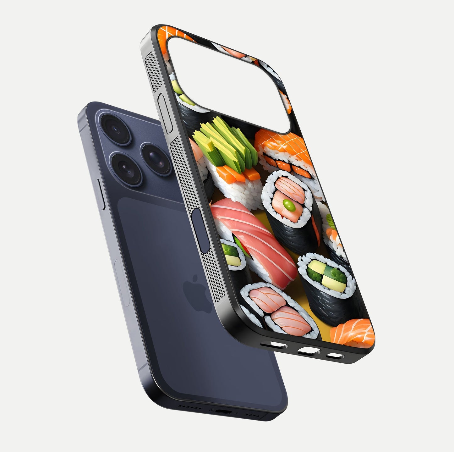 Sushi Food Pattern Glass Case for iPhone 17 Pro floating dual-view mockup displaying gloss and HD pattern
