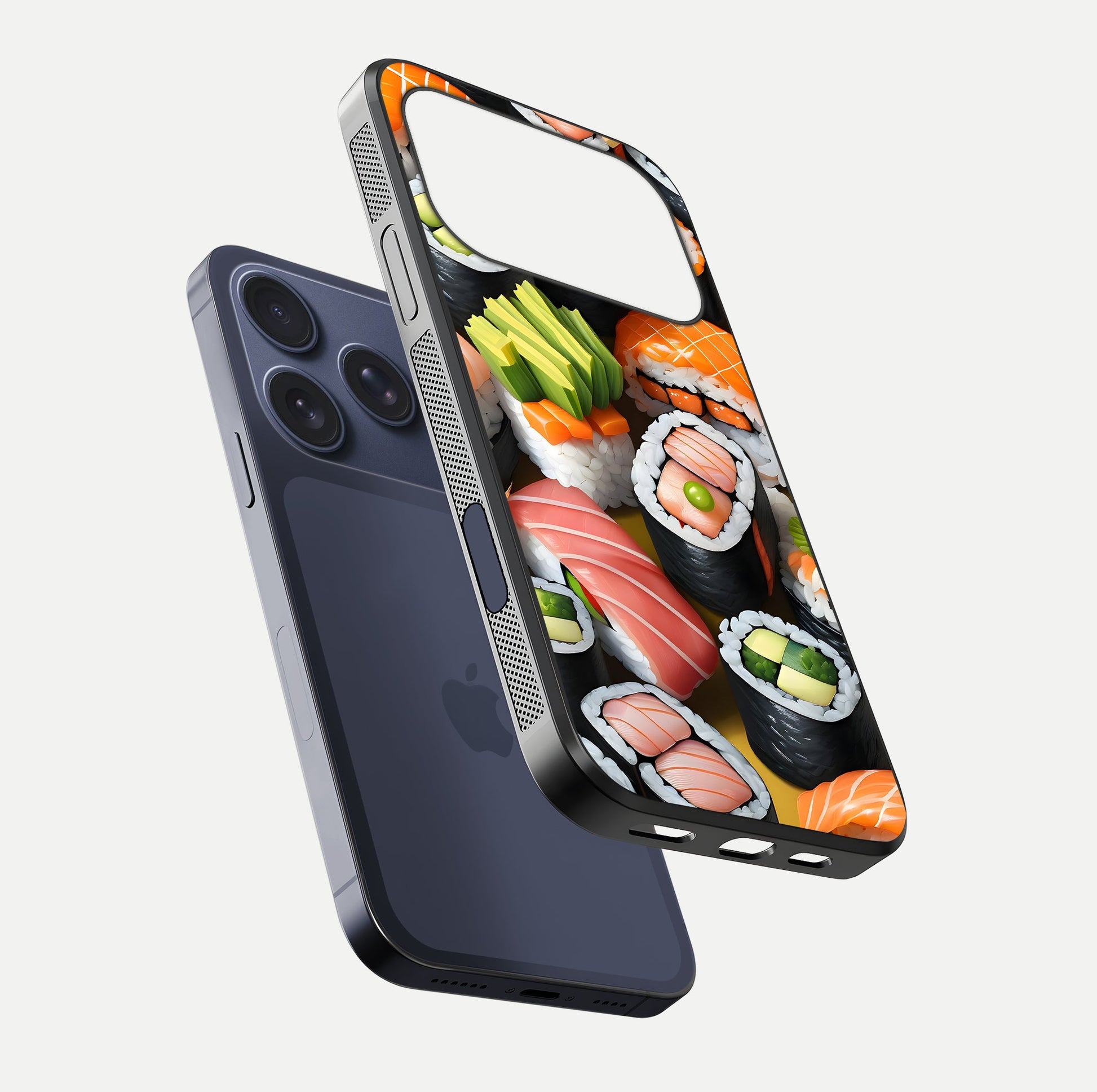 Sushi Food Pattern Glass Case for iPhone 17 Pro floating dual-view mockup displaying gloss and HD pattern