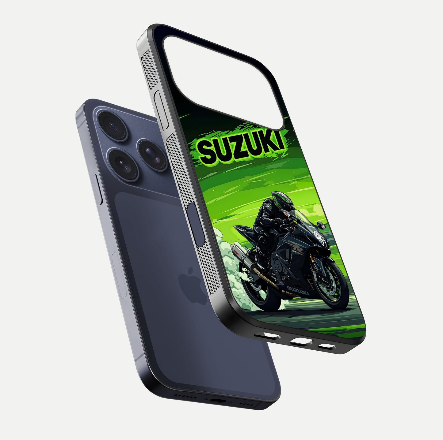 Suzuki Speed Beast Glass Case for iPhone 17 Pro floating dual-view mockup displaying gloss texture and shine