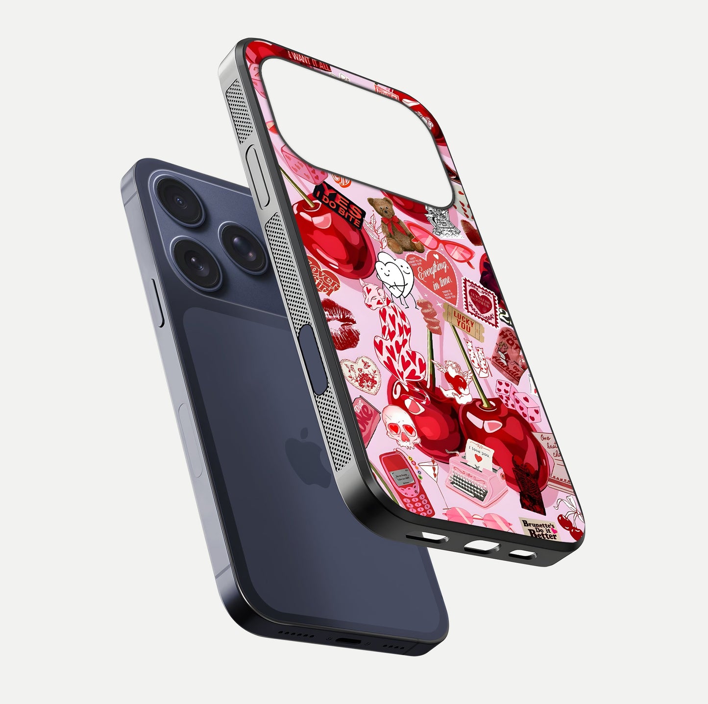 Sweet Cherry Chaos Glass Case for iPhone 17 Pro floating dual-view mockup displaying gloss surface and depth