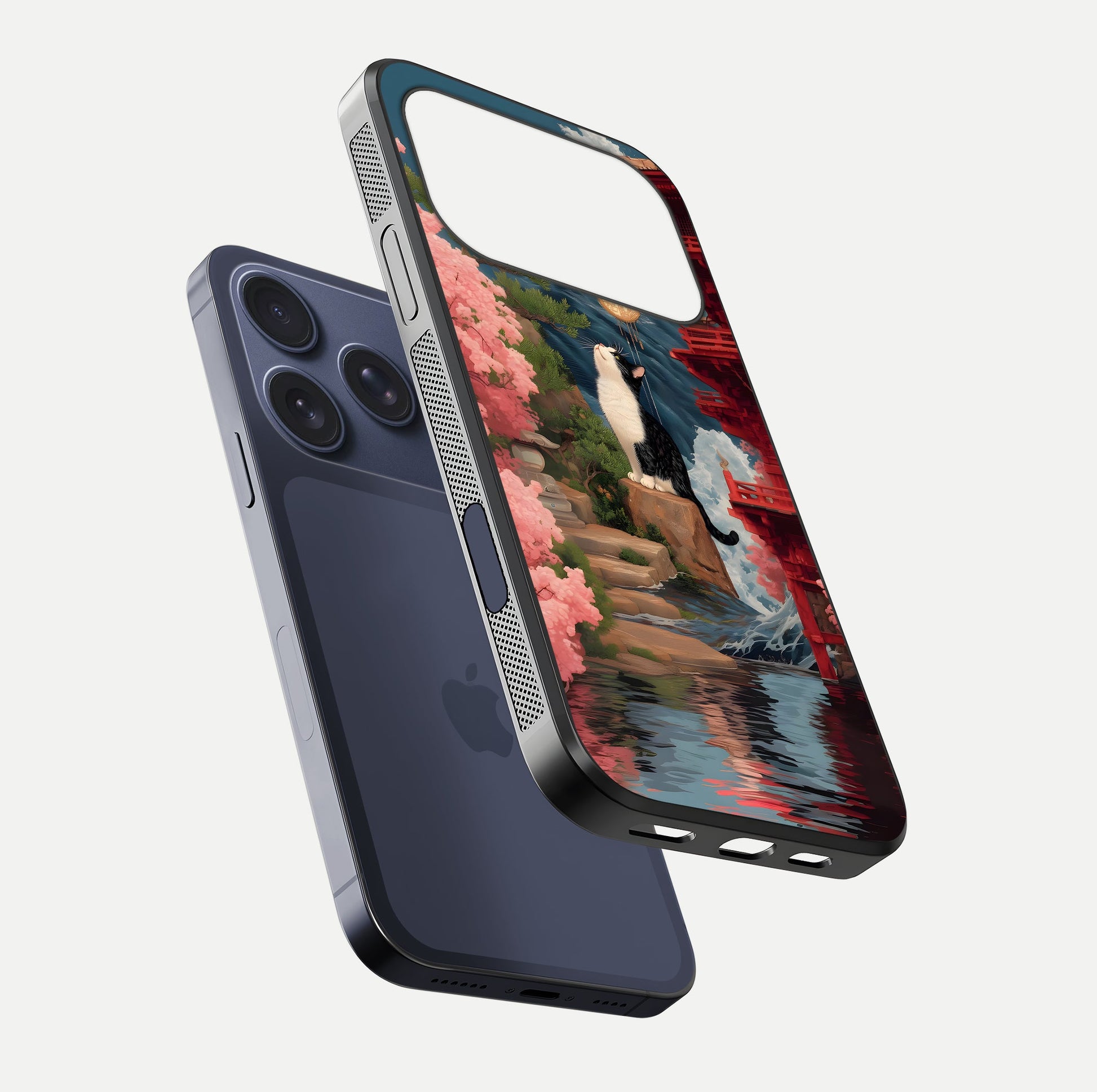 Temple Cat Scenery Glass Case for iPhone 17 Pro floating dual-view mockup displaying gloss and depth detail