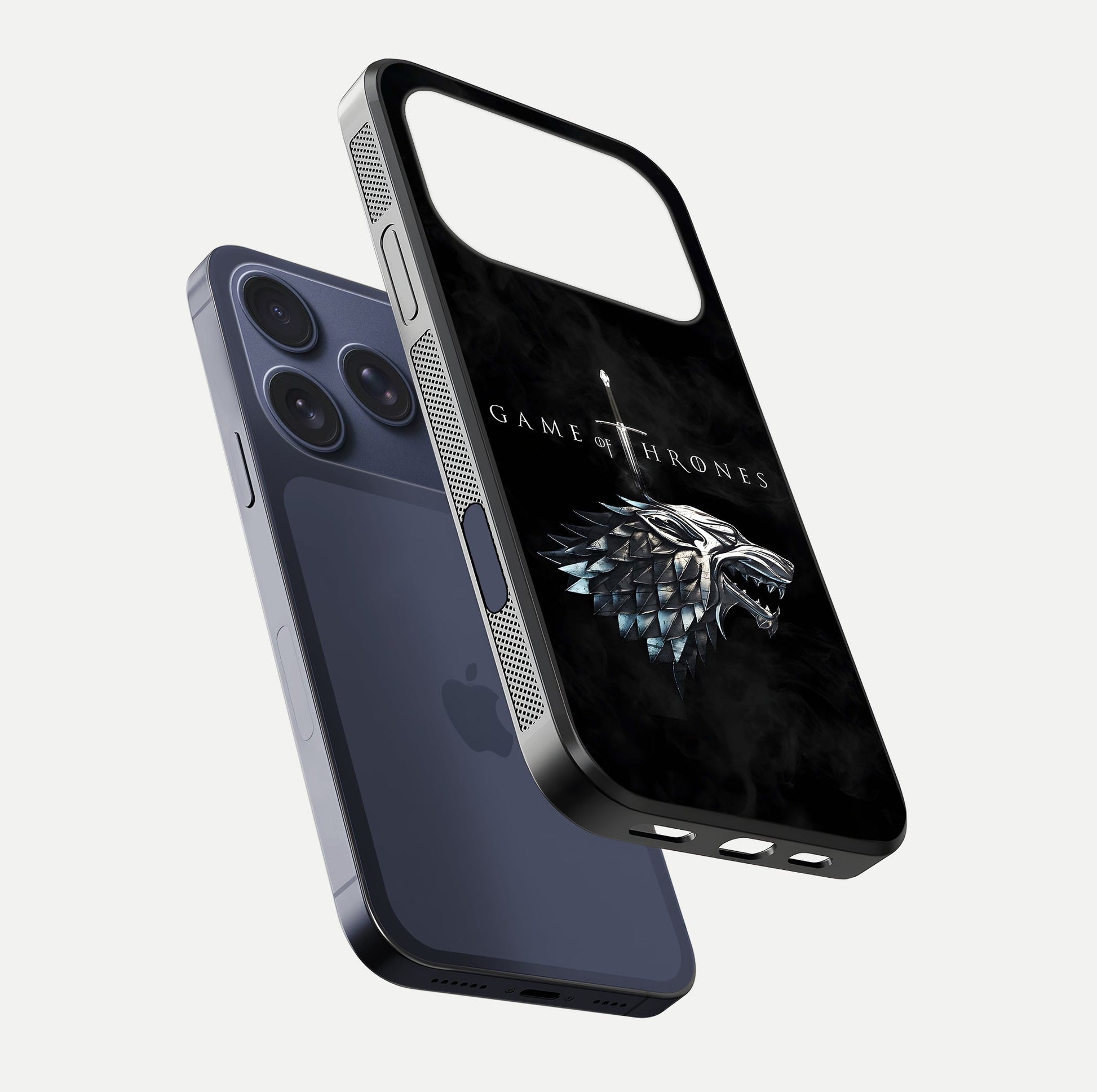 Throne Wolf Legacy Glass Case for iPhone 17 Pro floating dual-view mockup displaying gloss depth and wolf artwork