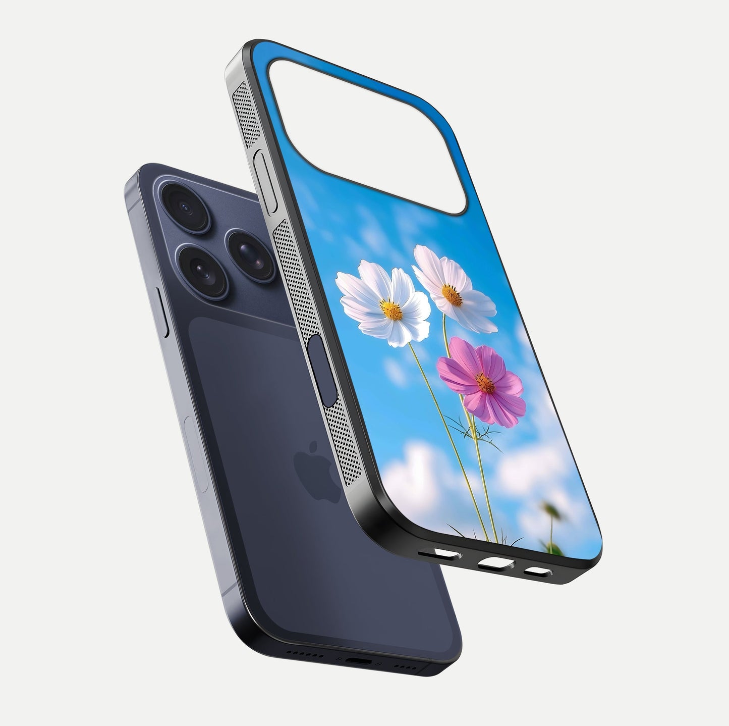 Triple Flowers With Sky Glass Case for iPhone 17 Pro floating dual-view mockup displaying gloss and soft hues