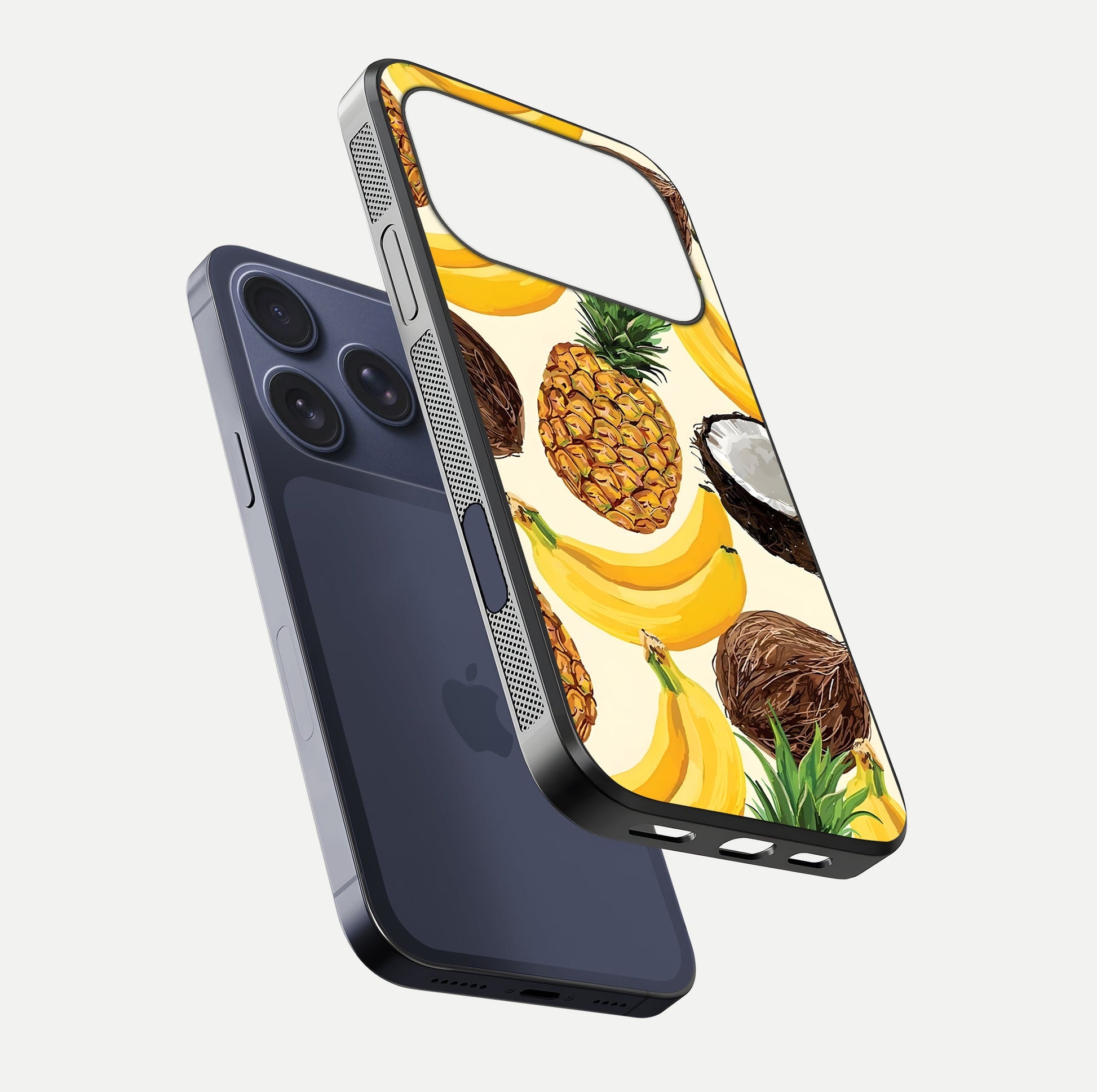 Tropical Fruit Mood Glass Case for iPhone 17 Pro floating dual-view mockup displaying gloss and vibrant colors