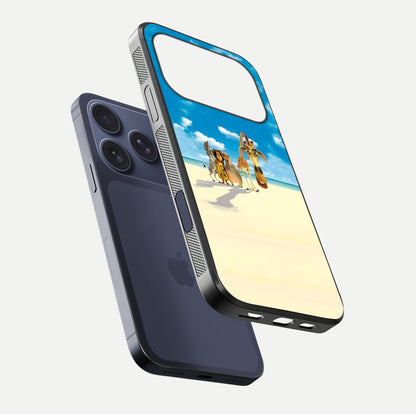 Tropical Fun Squad Glass Case for iPhone 16 Pro floating dual-view mockup displaying gloss reflection and contrast