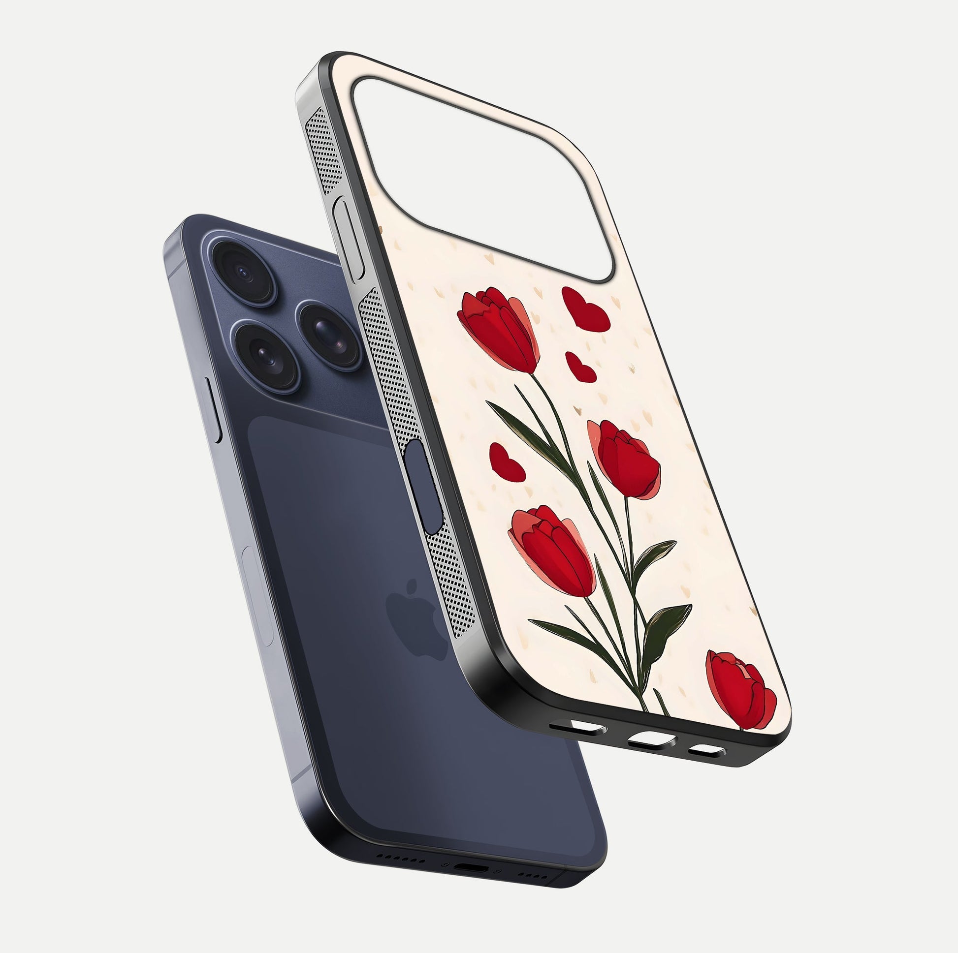 Tulip With Heart Glass Case for iPhone 16 Pro floating dual-view mockup displaying gloss texture and shine