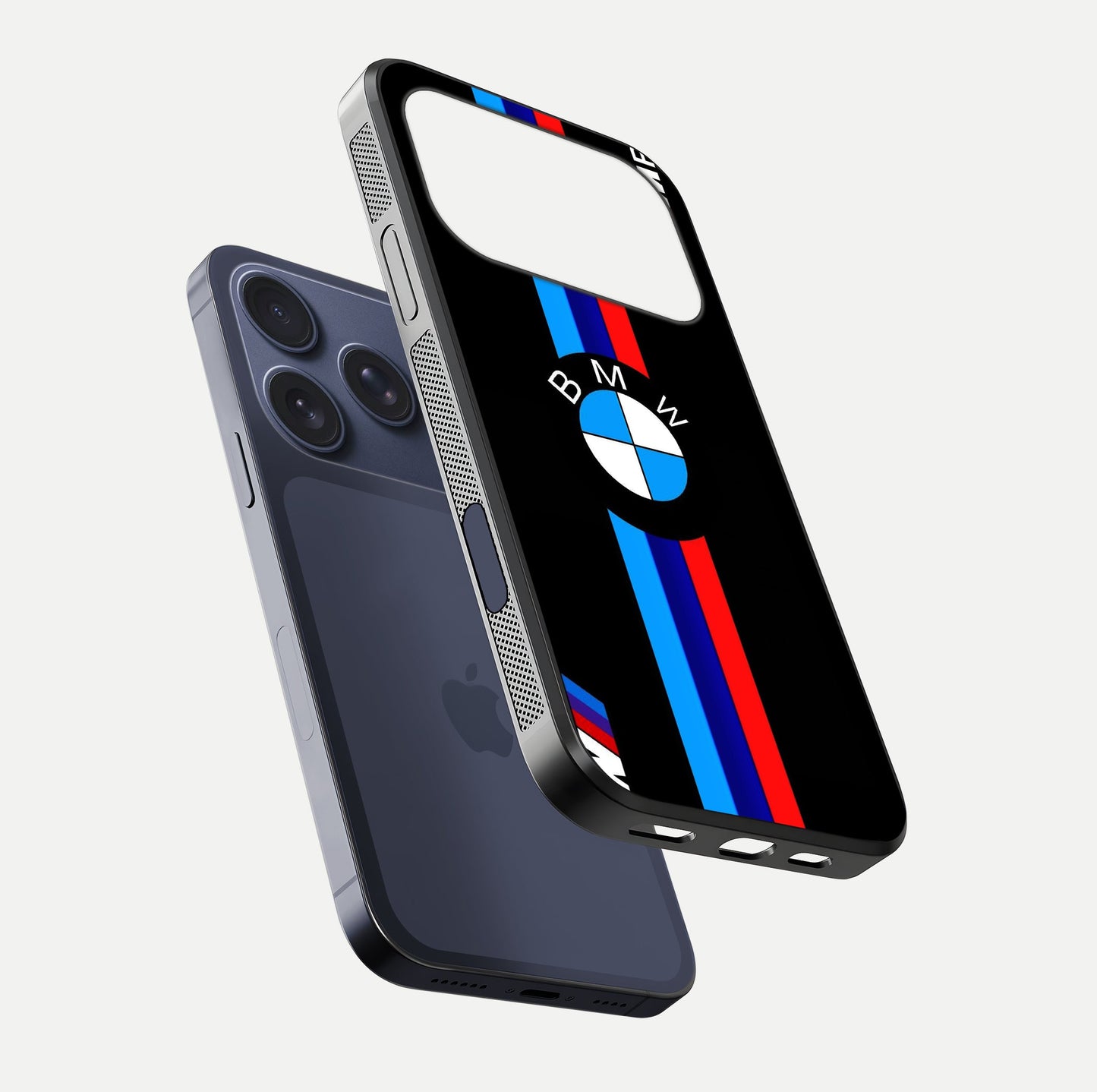 Turbo BMW Beast Glass Case for iPhone 17 Pro floating dual-view mockup displaying gloss texture and vivid print