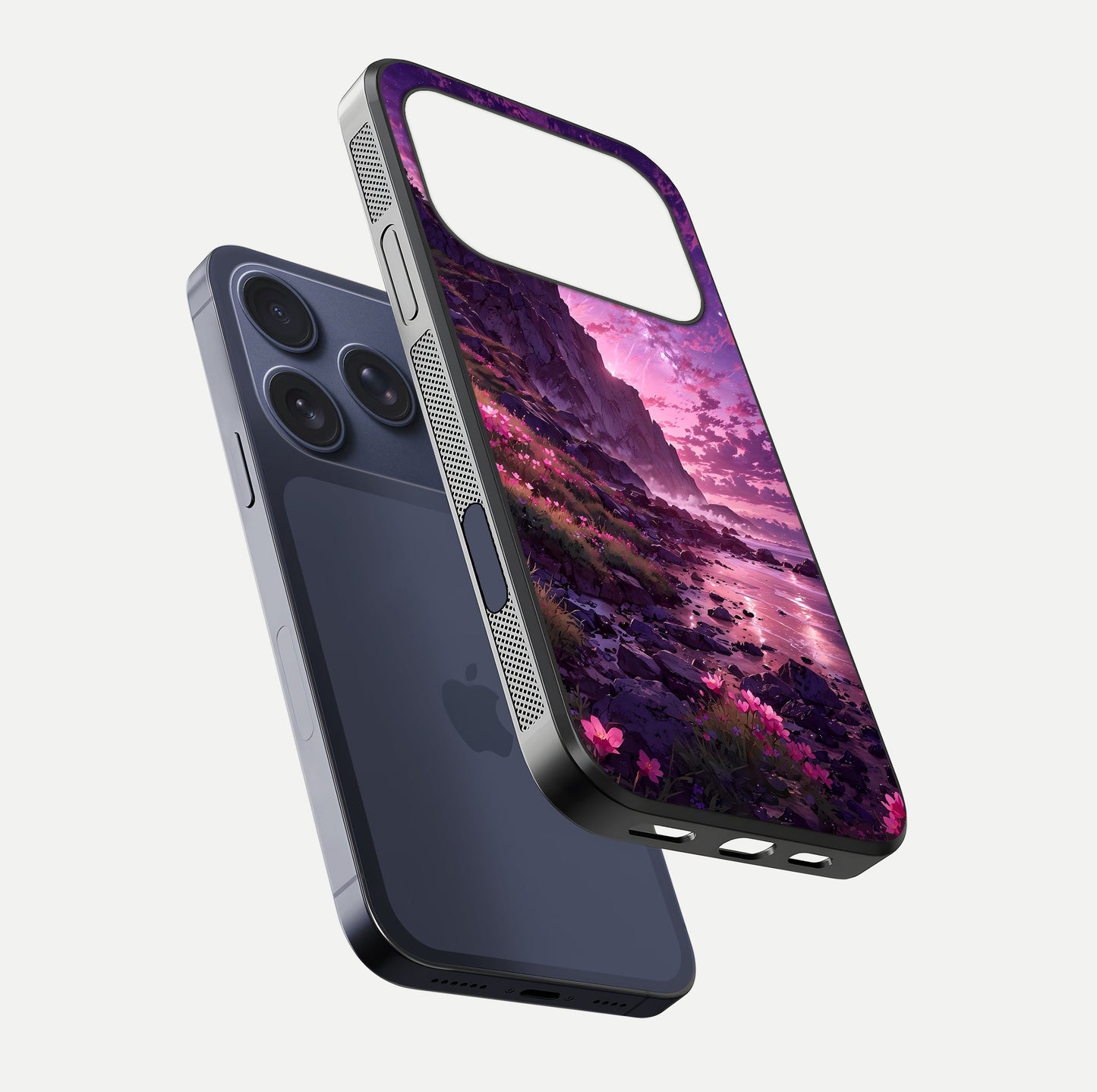 Twilight Blossom Coast Glass Case for iPhone 17 Pro floating dual-view mockup displaying gloss surface and detail