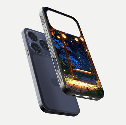 Twilight Garden Swing Glass Case for iPhone 17 Pro floating dual-view mockup displaying gloss and tone balance