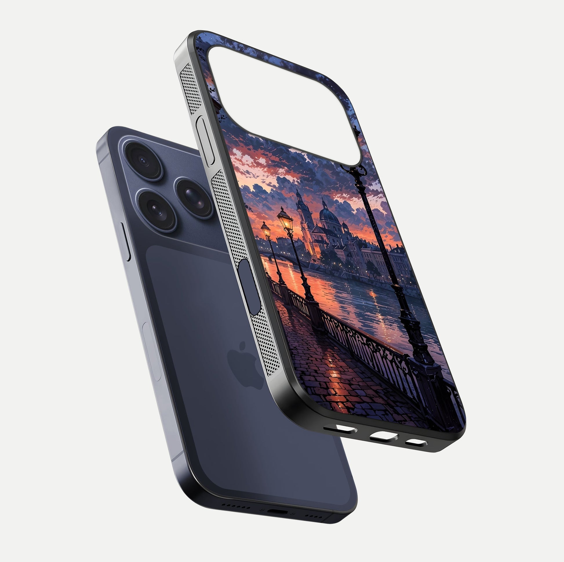 Twilight River Lights Glass Case for iPhone 16 Pro floating dual-view mockup displaying gloss shine and vivid details