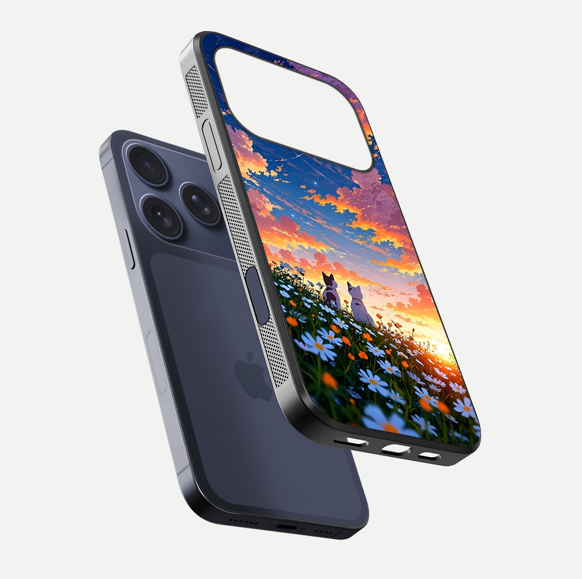 Two Cats Friends Glass Case for iPhone 17 Pro floating dual-view mockup displaying gloss surface and HD print