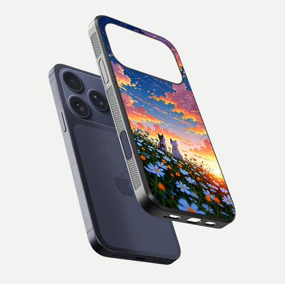 Two Cats Friends Glass Case for iPhone 17 Pro floating dual-view mockup displaying gloss surface and HD print