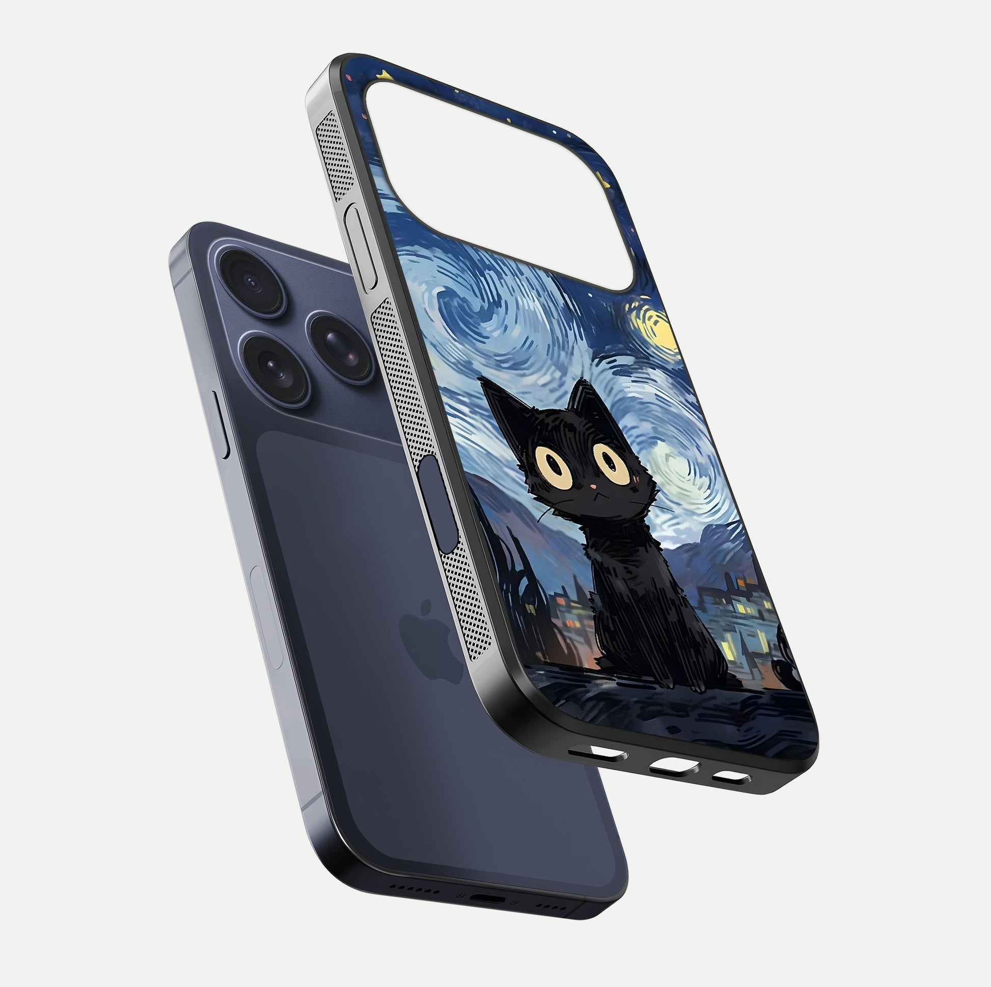 Van Gogh Cat Glass Case for iPhone 16 Pro floating dual-view mockup displaying gloss shine and artistic texture