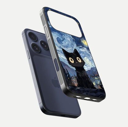 Van Gogh Cat Glass Case for iPhone 16 Pro floating dual-view mockup displaying gloss shine and artistic texture