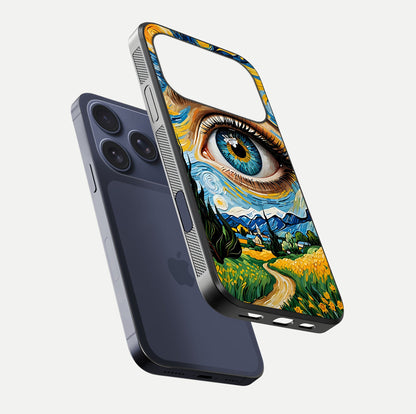 Van Gogh Eye Glass Case for iPhone 16 Pro floating dual-view mockup displaying gloss texture and depth