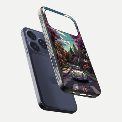Vintage Street Drive Glass Case for iPhone 17 Pro floating dual-view mockup displaying gloss shine and texture