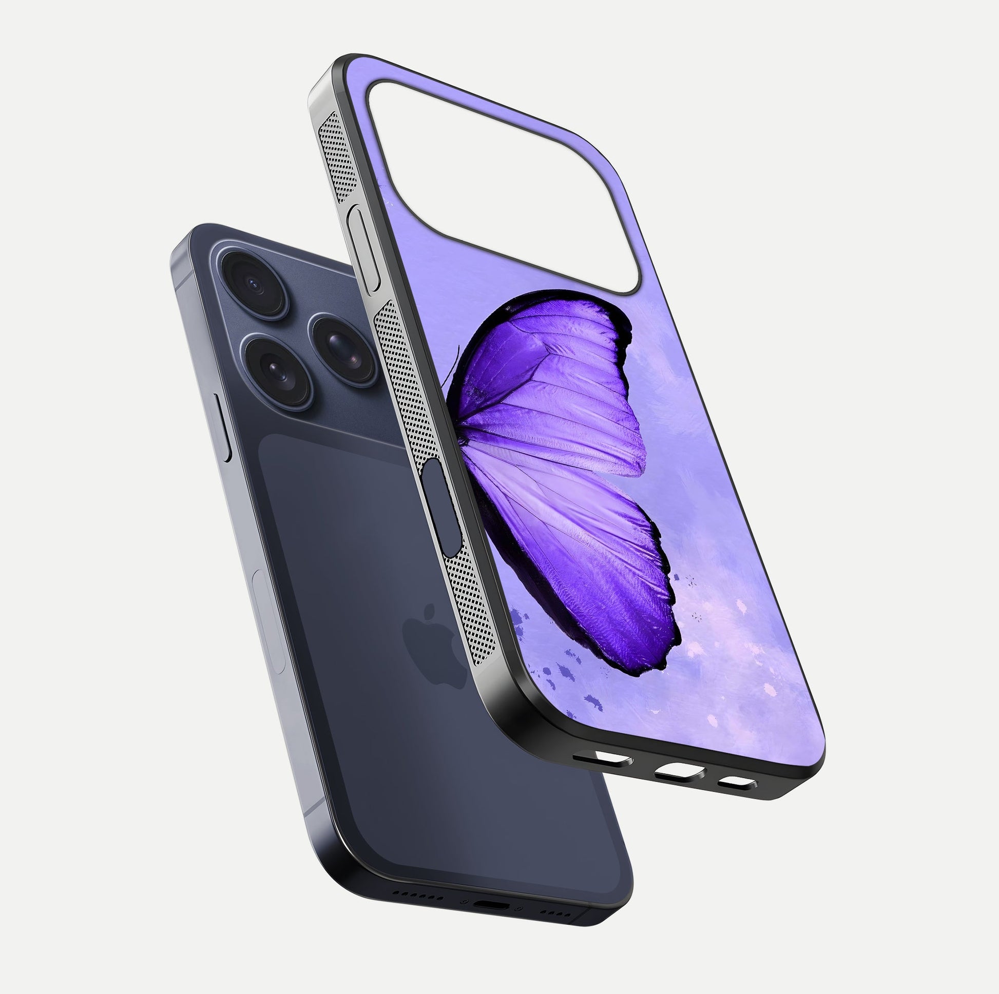 Violet Dream Wing Glass Case for iPhone 17 Pro floating dual-view mockup displaying gloss depth and clarity