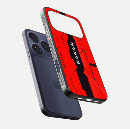 Voltage Rise CYBERPUNK Custom Name Glass Case for iPhone 16 Pro floating dual-view mockup displaying gloss shine and lighting