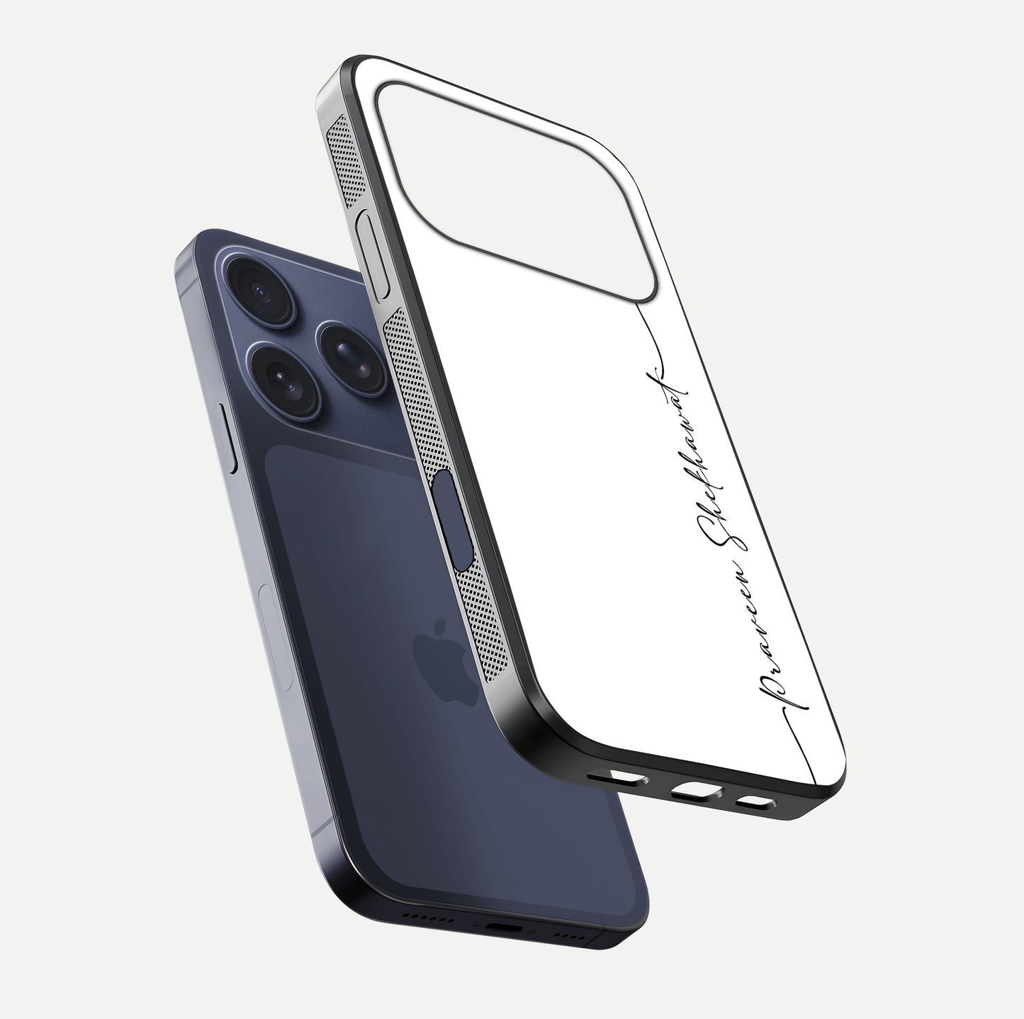 White Tune Custom Name Glass Case for iPhone 17 Pro floating dual-view mockup displaying gloss and HD detail
