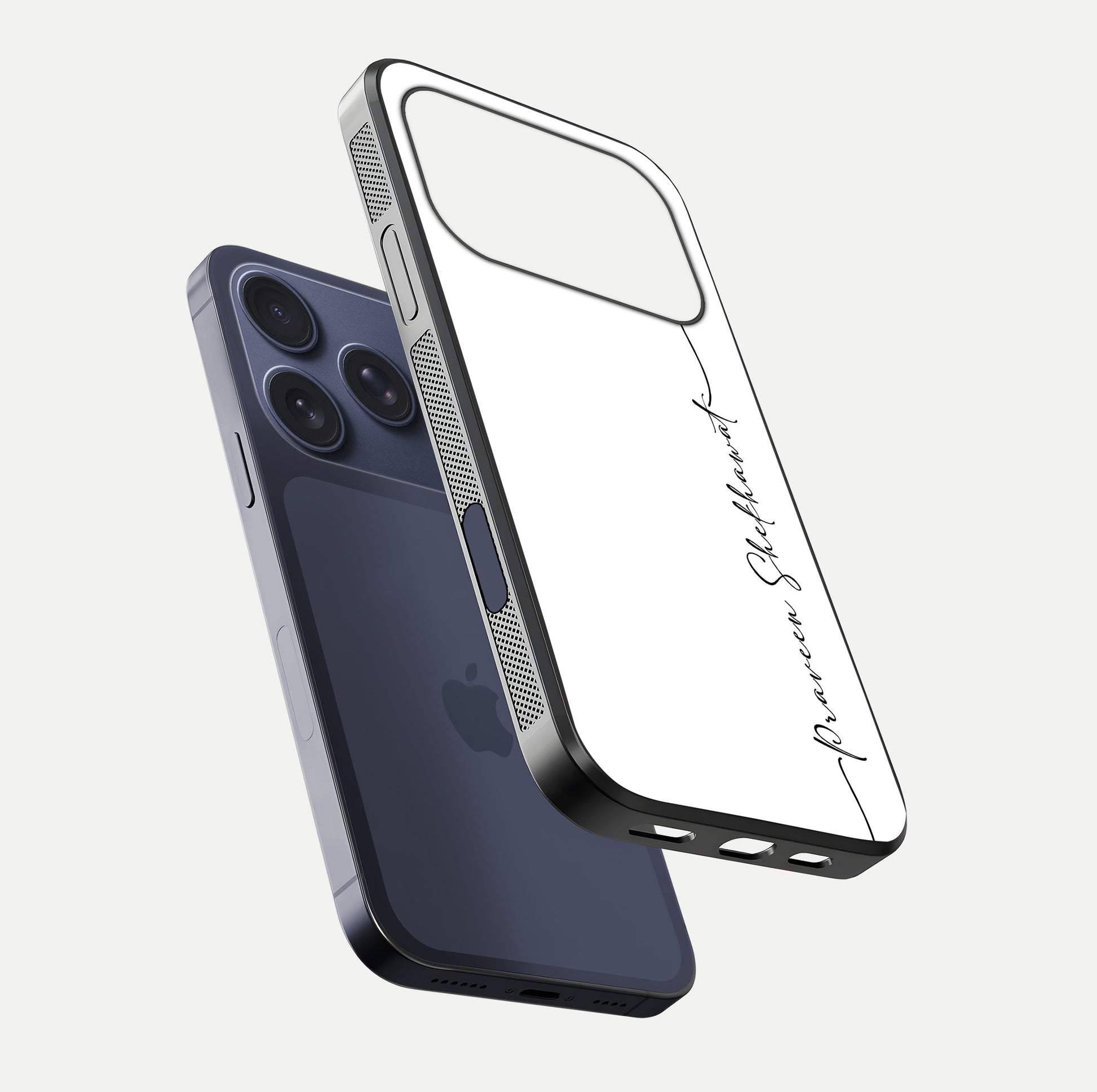 White Tune Custom Name Glass Case for iPhone 17 Pro floating dual-view mockup displaying gloss and HD detail