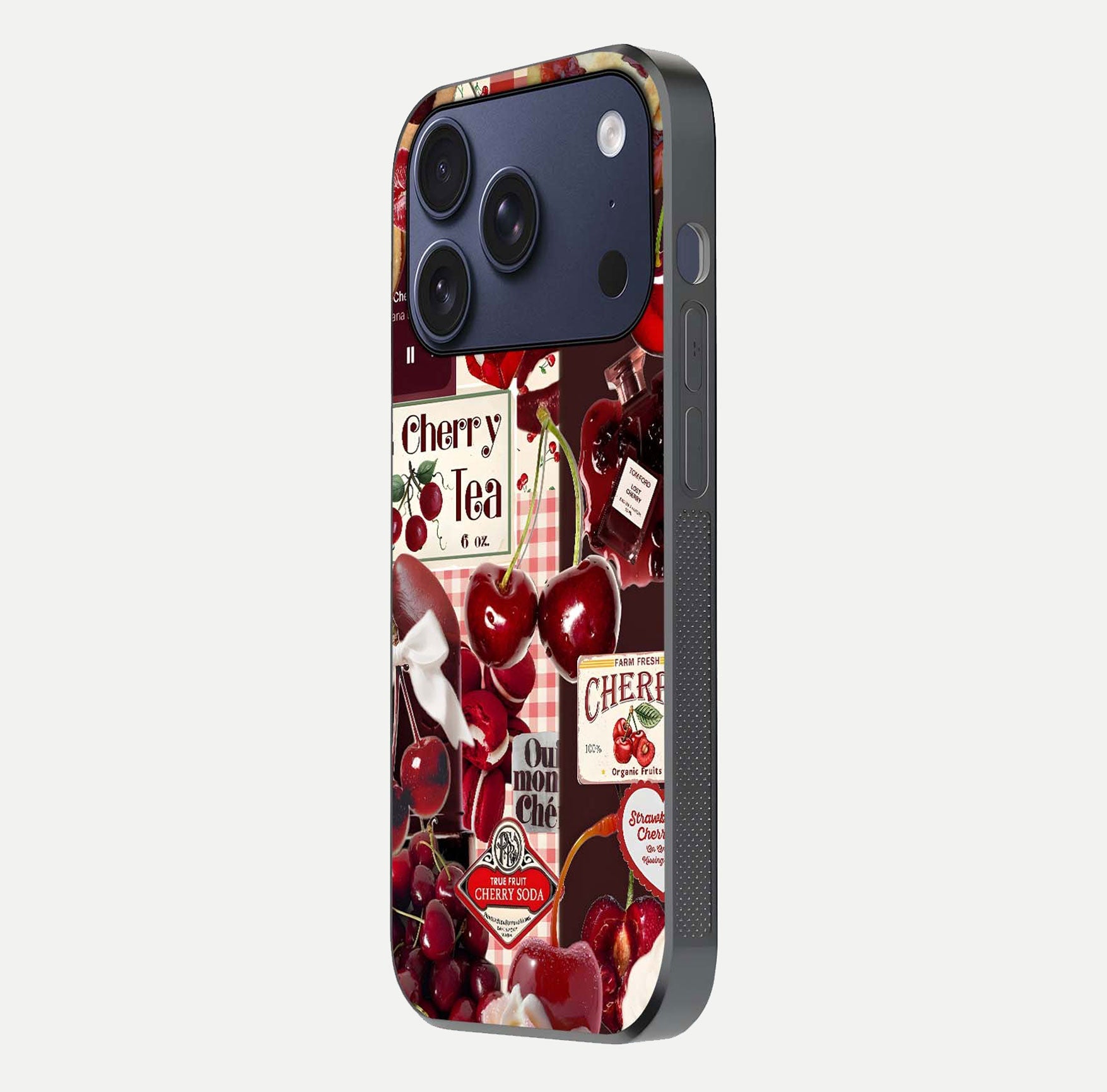 Aesthetic Cherry Tea Glass Case for iPhone 16 Pro side-angle image showing cherry collage print, camera module, and glossy finish reflection